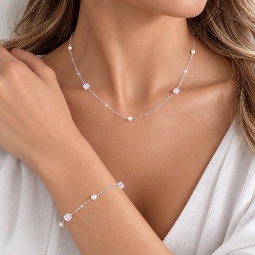 Дамски Комплект Сребърно Колие и Гривна с Кристали и Перли Сваровски/Swarovski